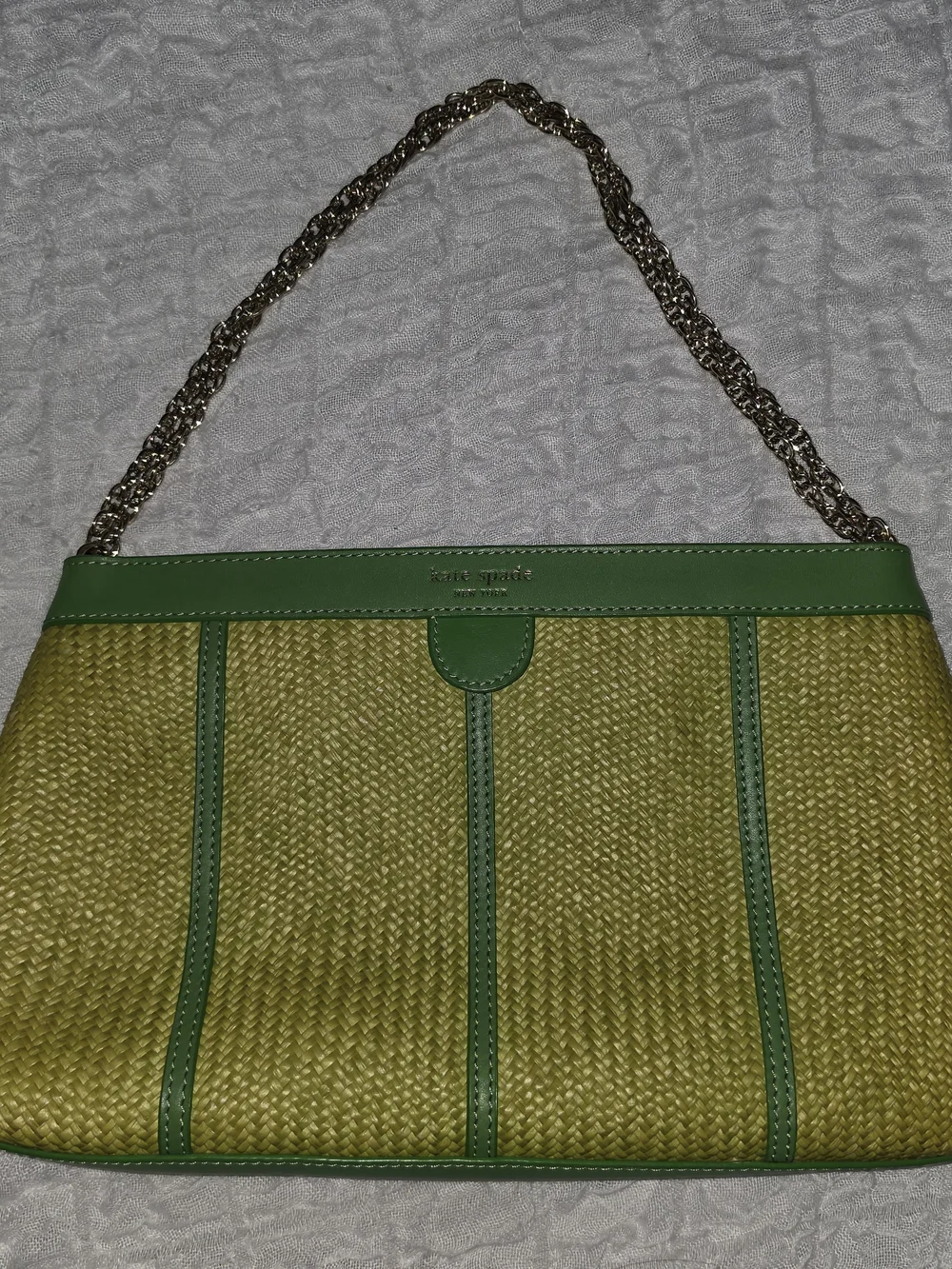 Kate Spade New York Woven Straw Shoulder Bag with Green Leather Trim